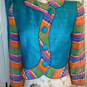 Striking Turquoise Blazer with Colorful Geometric Sleeves and SKIRT